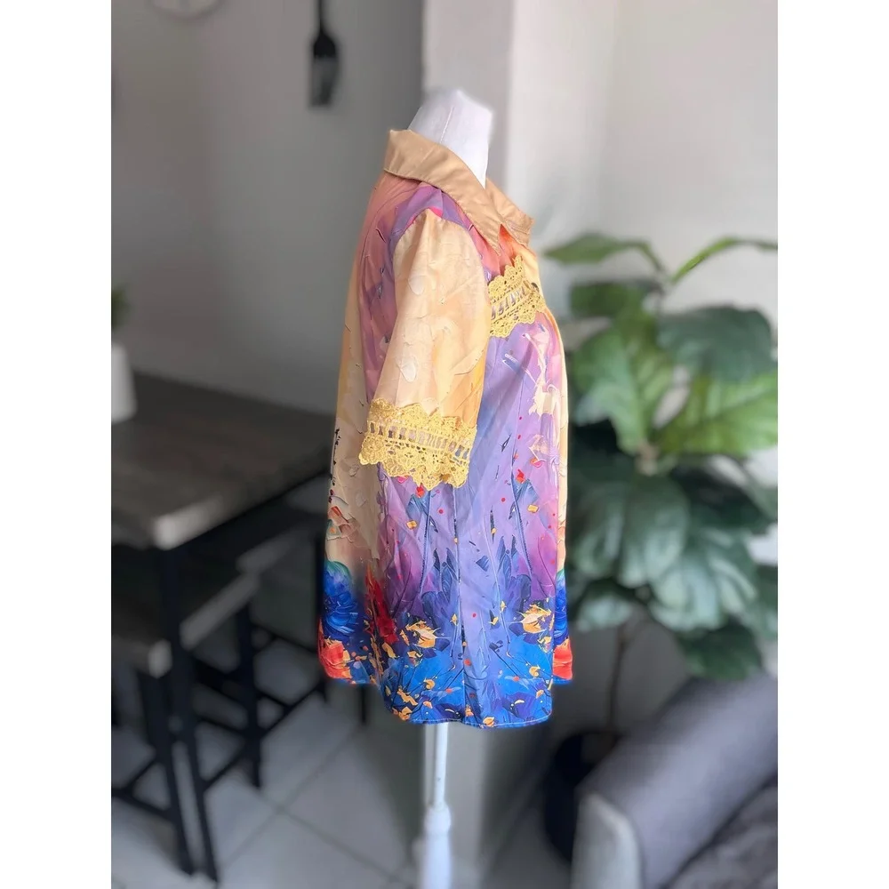 Unbranded Floral Crochet Button Down Shirt Size L